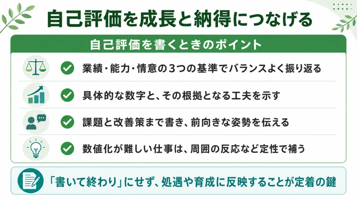 自己評価を成長と納得につなげるためのまとめ図解。業績・能力・情意の3基準でバランスよく振り返る、具体的な数字と根拠を示す、課題と改善策まで書く、数値化が難しい仕事は定性で補うという、自己評価を書くときのポイントを示している