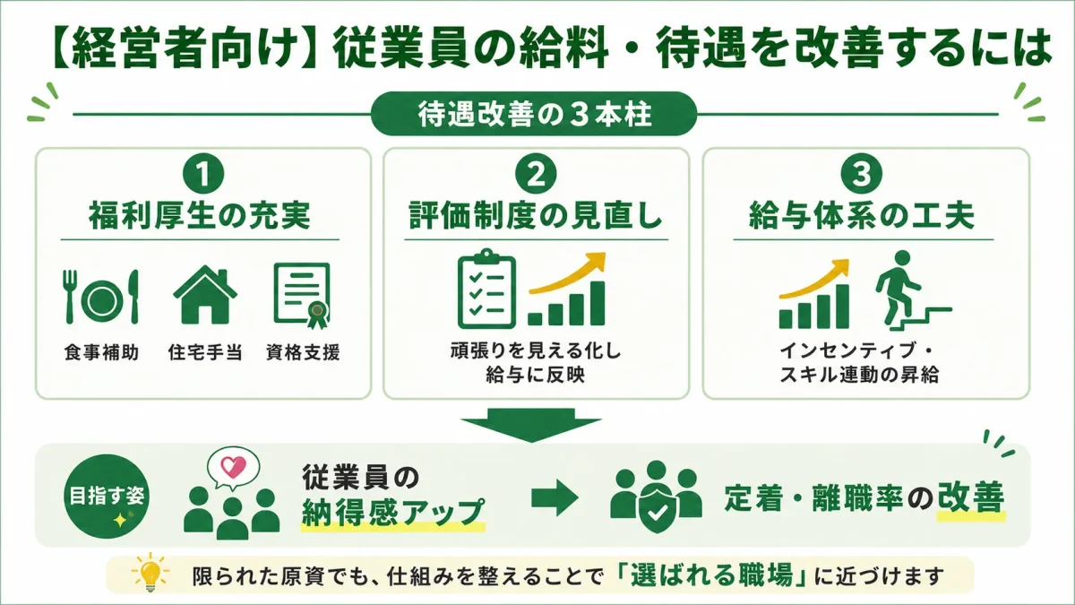 経営者が従業員の給料・待遇を改善する3本柱。福利厚生の充実、評価制度の見直し、給与体系の工夫を通じて、従業員の納得感を高め、定着・離職率の改善につなげる流れを示した図解