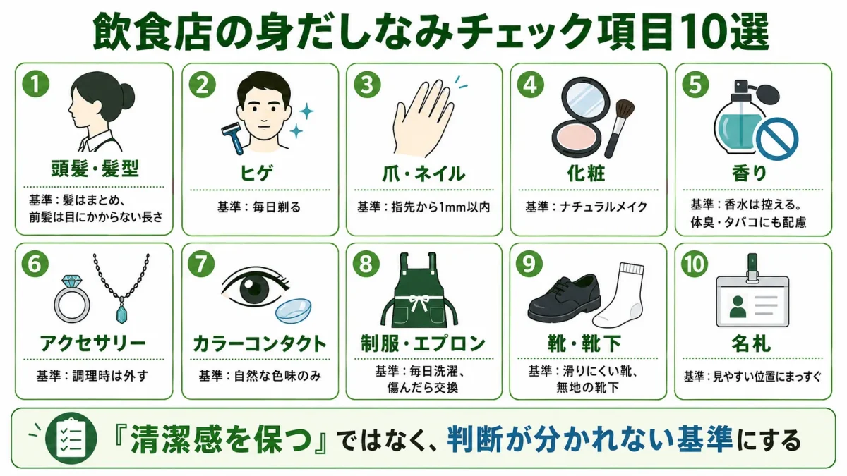 飲食店の身だしなみチェック項目10選。頭髪・ヒゲ・爪・化粧・香り・アクセサリー・カラーコンタクト・制服・靴・名札の基準を一覧で示した図解