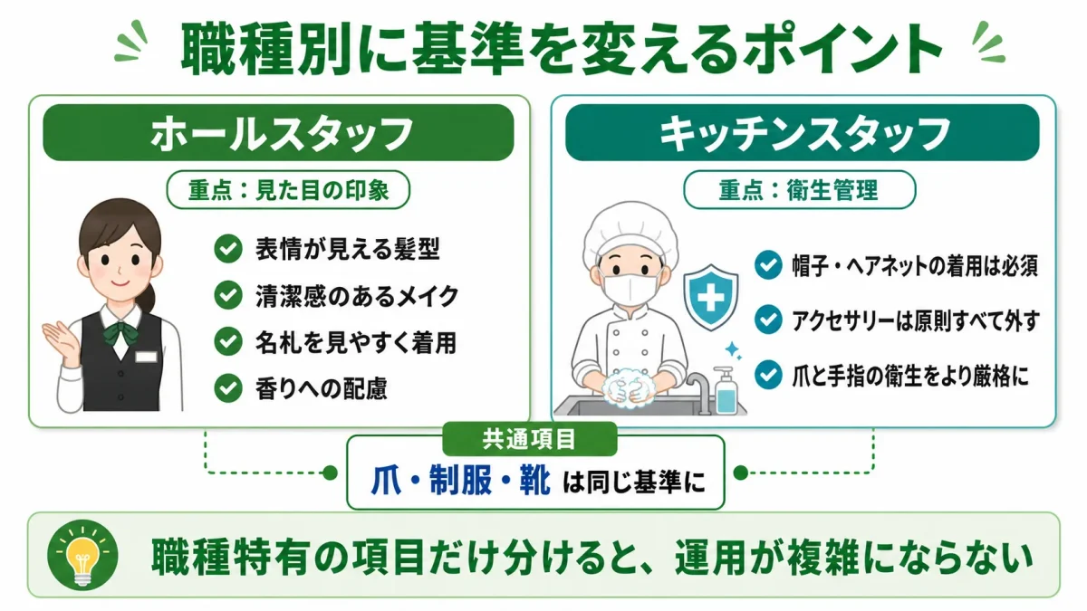 飲食店の身だしなみ基準をホールとキッチンで比較した図解。ホールは見た目の印象、キッチンは衛生管理を重点とし、共通項目は同じ基準にすることを示している