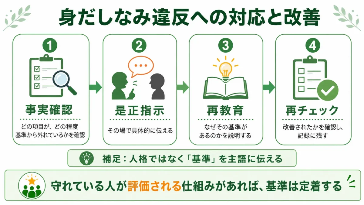 飲食店の身だしなみ違反への対応手順4ステップ。事実確認、是正指示、再教育、再チェックの流れを示した図解