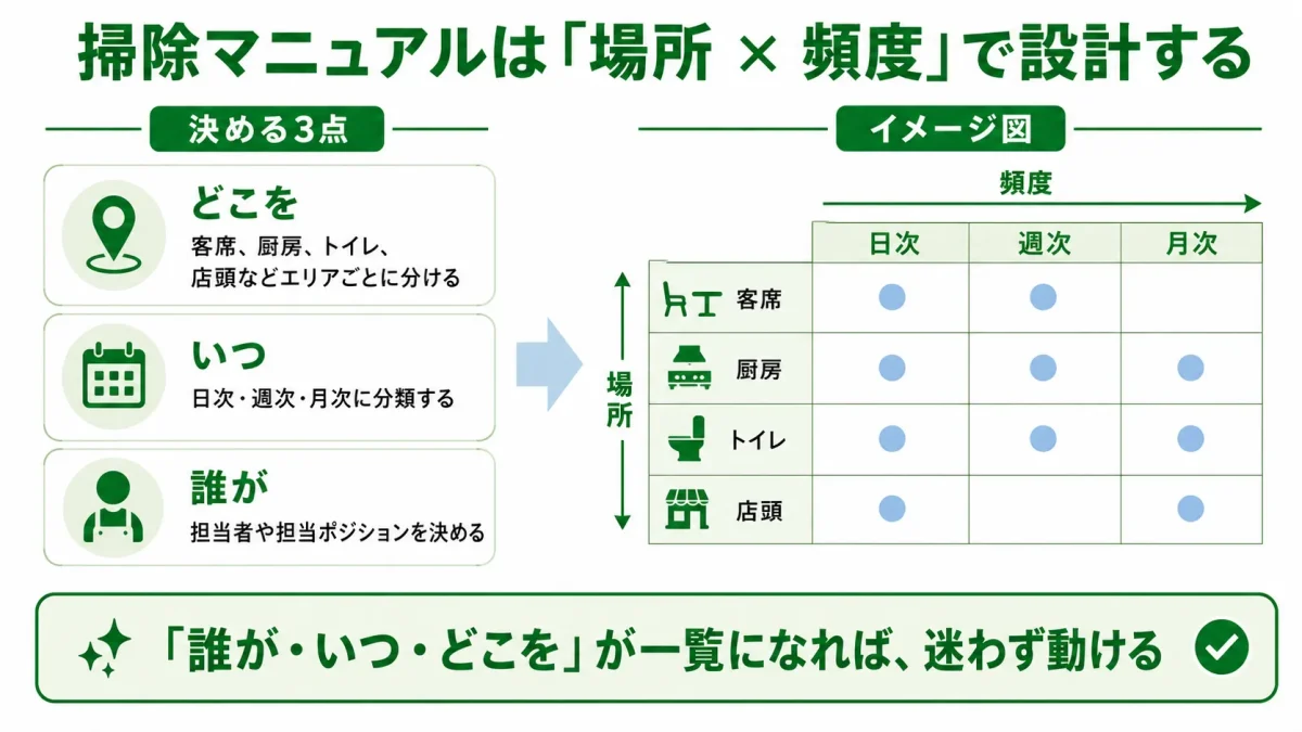 飲食店の掃除マニュアルを場所と頻度の2軸で設計する方法。どこを・いつ・誰がの3点と、客席・厨房・トイレ・店頭を日次/週次/月次で整理したマトリクス図