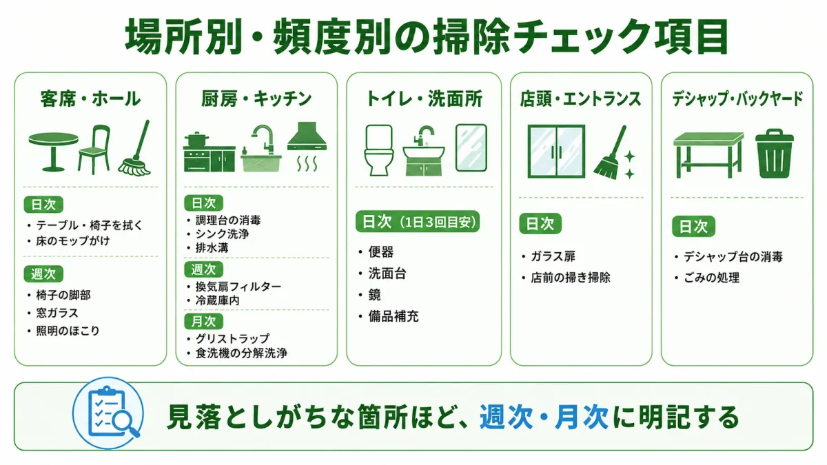 飲食店の場所別・頻度別の掃除チェック項目。客席・厨房・トイレ・店頭・バックヤードごとに日次/週次/月次の作業を示した図解