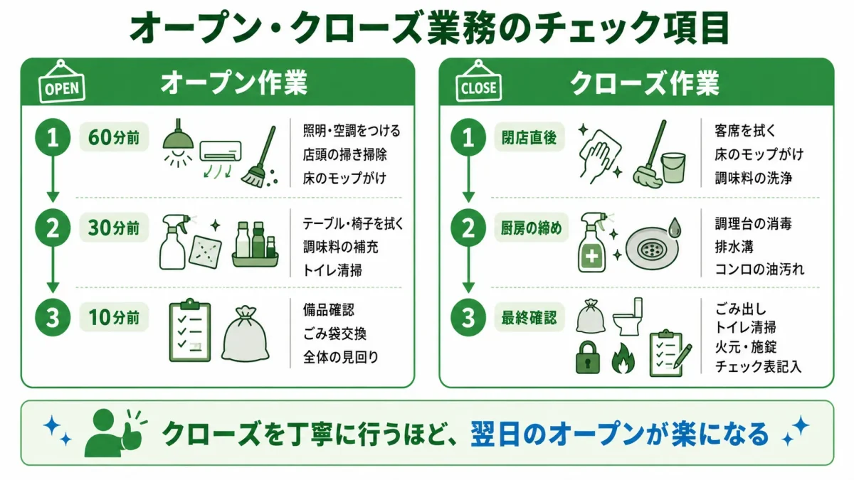 飲食店のオープン・クローズ業務のチェック項目。開店60分前から10分前までと、閉店直後から最終確認までの作業を時系列で示した図解
