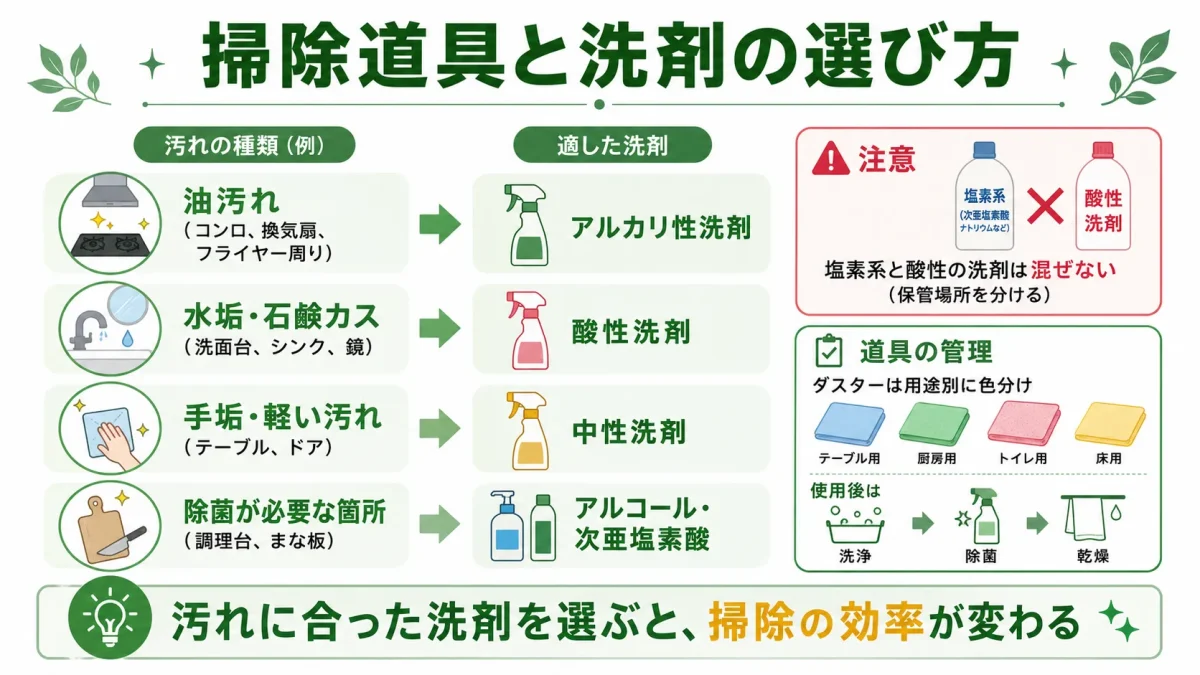飲食店の掃除で使う洗剤の選び方。油汚れにはアルカリ性、水垢には酸性など汚れの種類別に適した洗剤と、道具の色分け管理を示した図解
