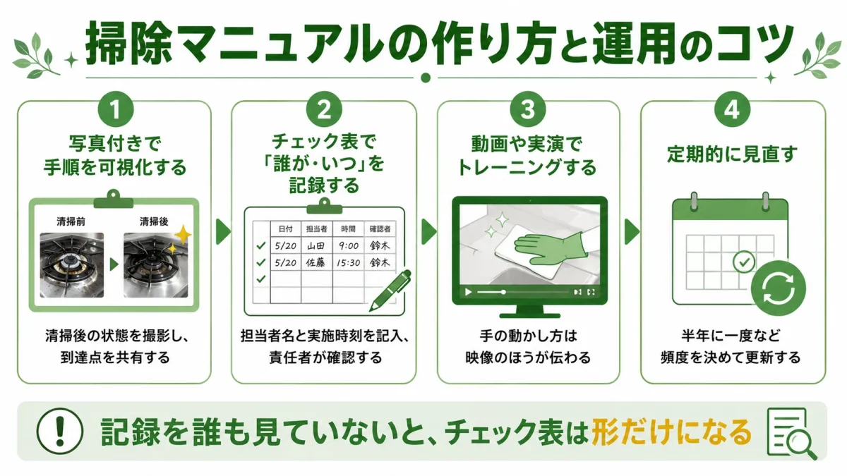 飲食店の掃除マニュアルの作り方と運用のコツ4つ。写真での可視化、チェック表への記録、動画でのトレーニング、定期的な見直しを示した図解