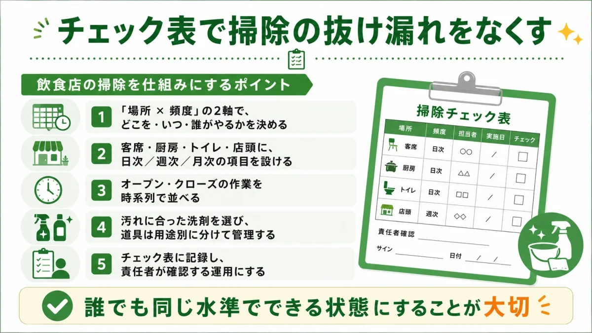 飲食店の掃除を仕組みにするポイントをまとめた図解。場所と頻度の2軸設計、時系列の作業整理、チェック表での記録運用などを示している