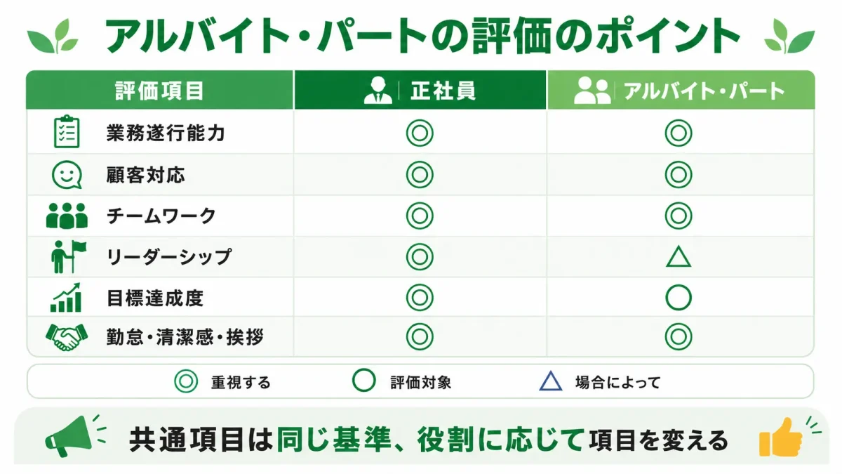 飲食店のアルバイト・パートの評価のポイントを示した図解。業務遂行能力・顧客対応・チームワーク・リーダーシップ・目標達成度・勤怠などの評価項目について、正社員とアルバイト・パートで重視度を比較した表