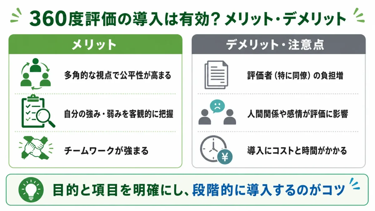 飲食店への360度評価の導入のメリットとデメリットを対比した図解。メリット（公平性の向上・自己認識・チームワーク強化）と、デメリット（評価者の負担増・感情的な偏り・コストと時間）を示している