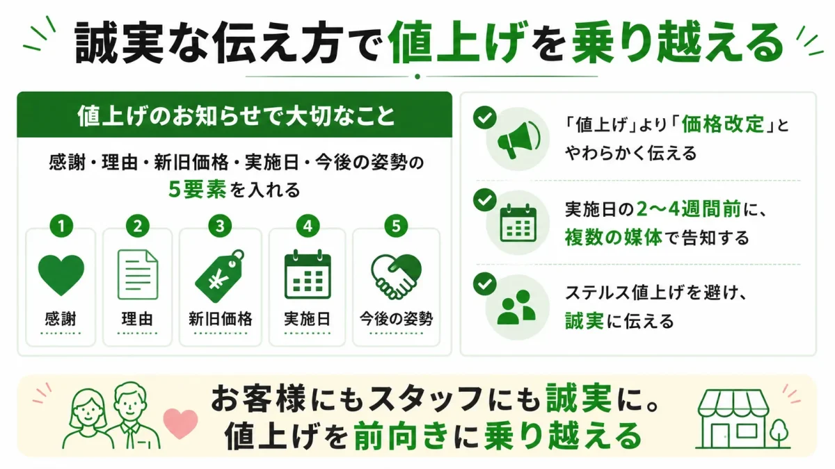 飲食店の値上げのお知らせで大切なことのまとめ。感謝・理由・新旧価格・実施日・今後の姿勢の5要素を入れ、「価格改定」とやわらかく伝え、2〜4週間前に複数媒体で告知し、ステルス値上げを避けることを示した図解